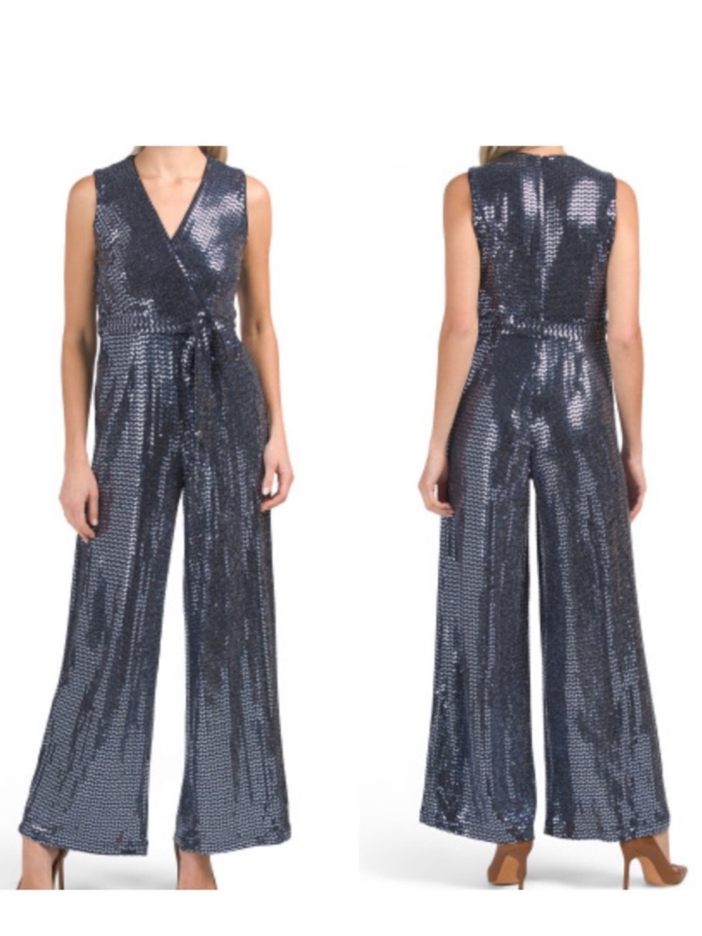 Donna Ricco Navy Sequin Wrap Jumpsuit